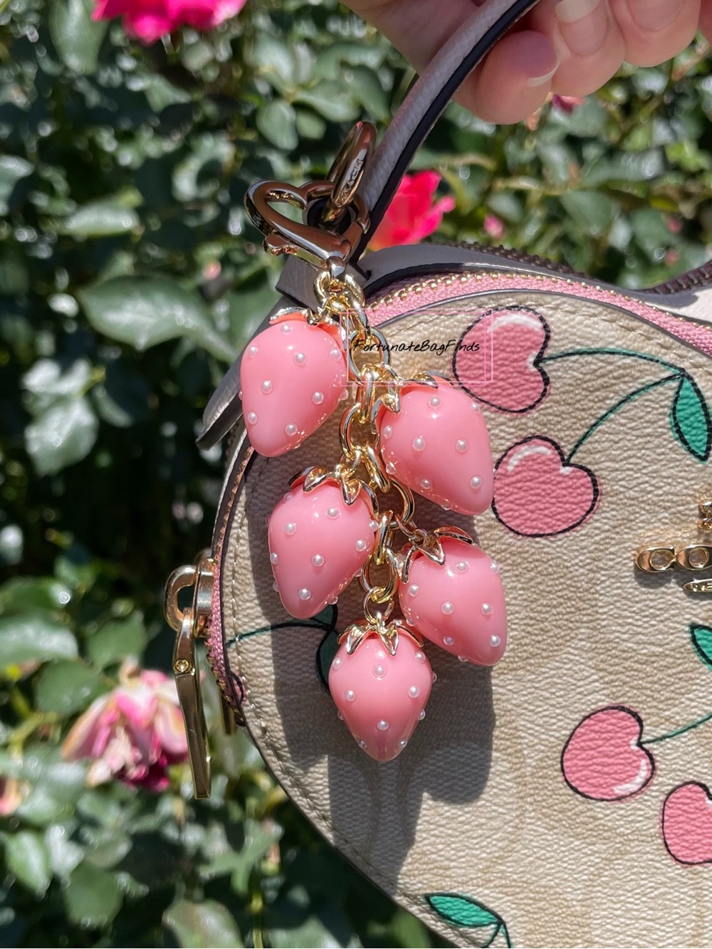 Pink Pearl Heart Strawberry Cluster Charm Coquette Cute Kawaii Bag Purse Charm - Picture 7 of 7